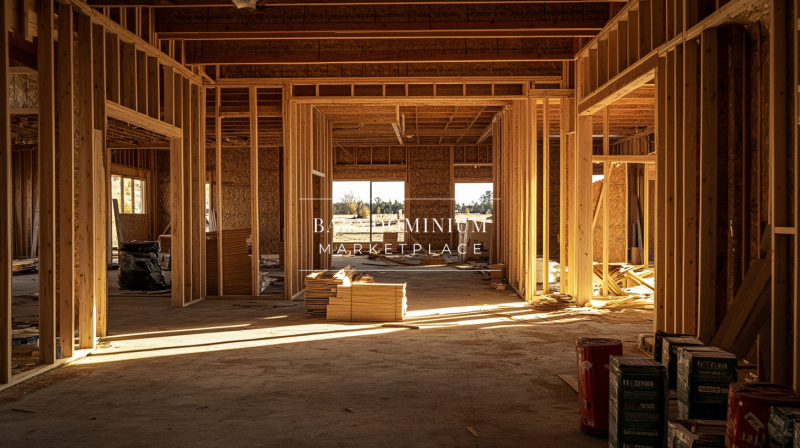 Framing stage of a barndominium construction project, showcasing wooden beams, open layouts, and natural lighting.