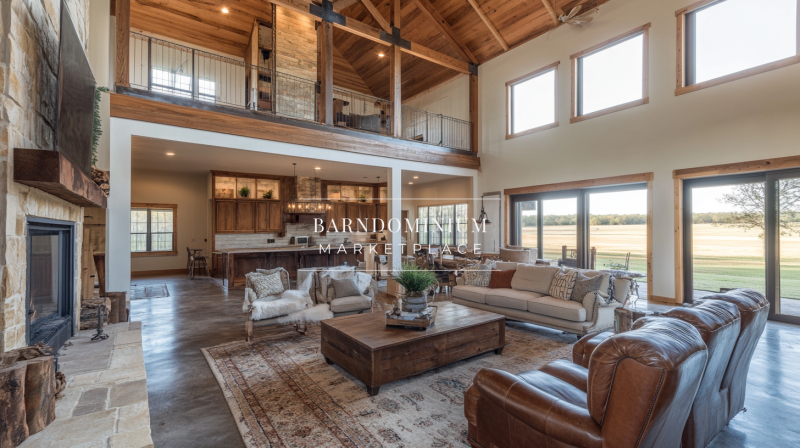 Spacious barndominium living area with high ceilings, large windows, and an open-concept kitchen.