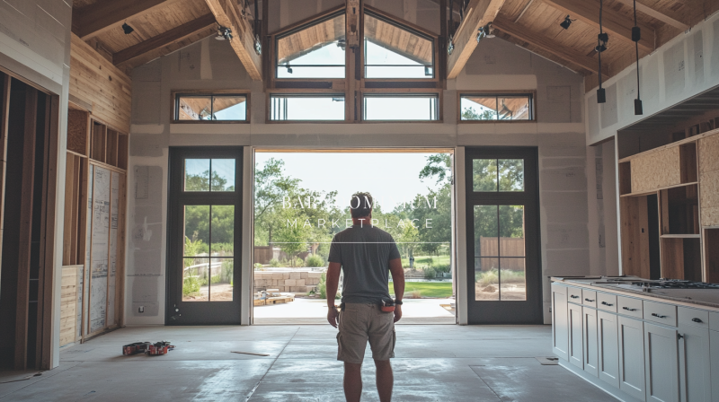 A man standing in a partially completed barndominium, admiring the high ceilings and large windows.