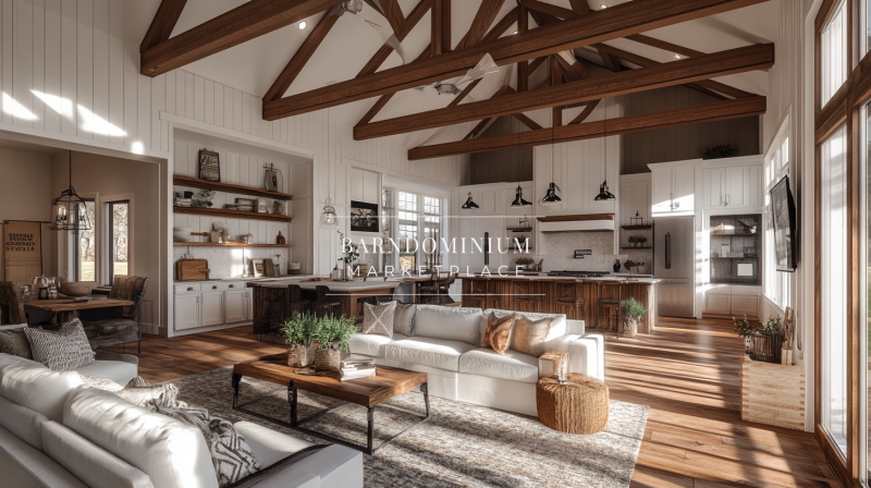 A beautifully designed barndominium interior featuring exposed wooden beams, white walls, and an open-concept living space with a cozy yet modern farmhouse feel.
