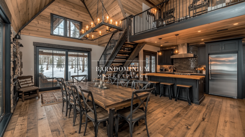 Elegant barndominium interior with a rustic dining area, open kitchen, and loft-style second floor.