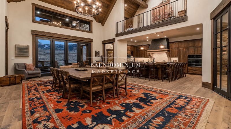 Elegant barndominium dining area with vaulted ceilings, a grand chandelier, and a spacious open-concept kitchen.