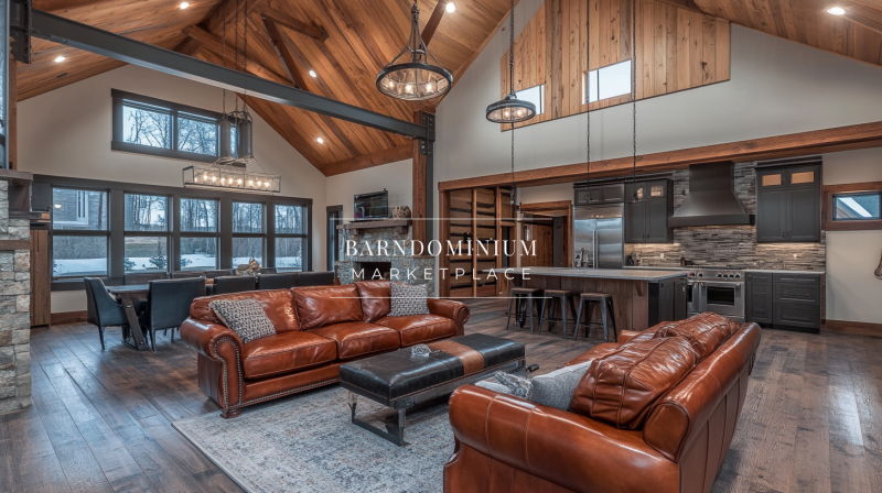 Stunning barndominium living space with vaulted wood ceilings, leather seating, and an open-concept kitchen.