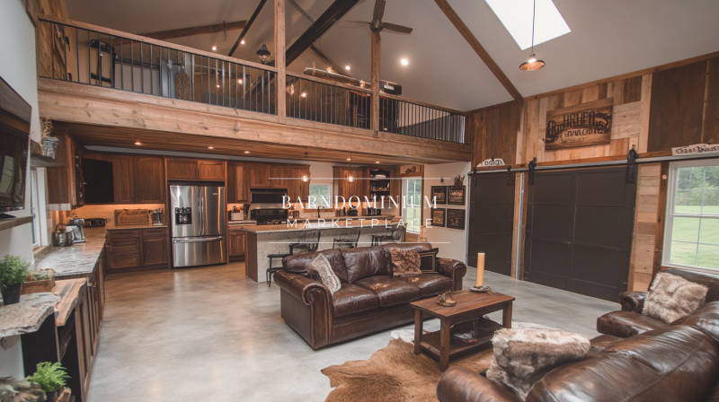 Modern rustic barndominium interior with an open-concept living space, vaulted ceilings, and a stylish loft.