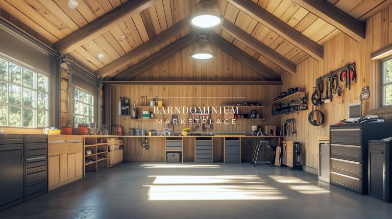 Rustic barndominium workshop with warm wood interiors, vaulted ceilings, and organized storage for a functional workspace.
