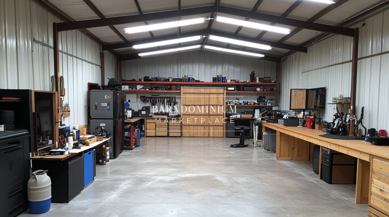 Spacious barndominium workshop with high ceilings, durable concrete flooring, and organized workstations for ultimate functionality.