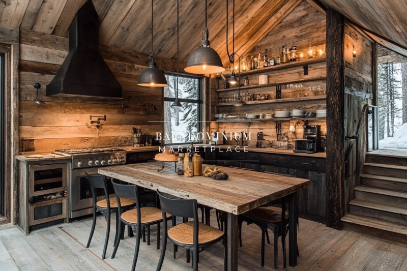 Elegant rustic barndominium kitchen with open shelving, reclaimed wood, and warm industrial lighting for a cozy farmhouse feel.
