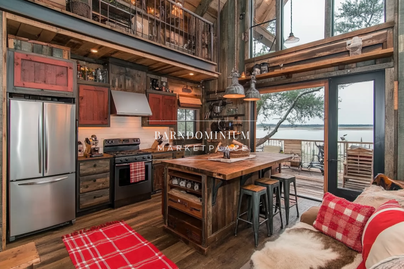 Rustic barndominium kitchen with reclaimed wood, open shelving, and a cozy loft overlooking stunning outdoor views.