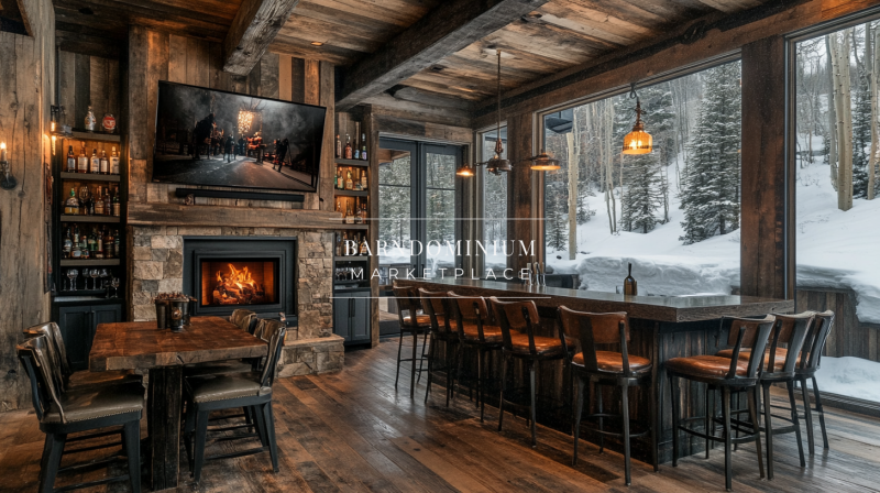 A rustic barndominium interior featuring a cozy fireplace, warm wood tones, and a fully stocked bar with scenic winter views.