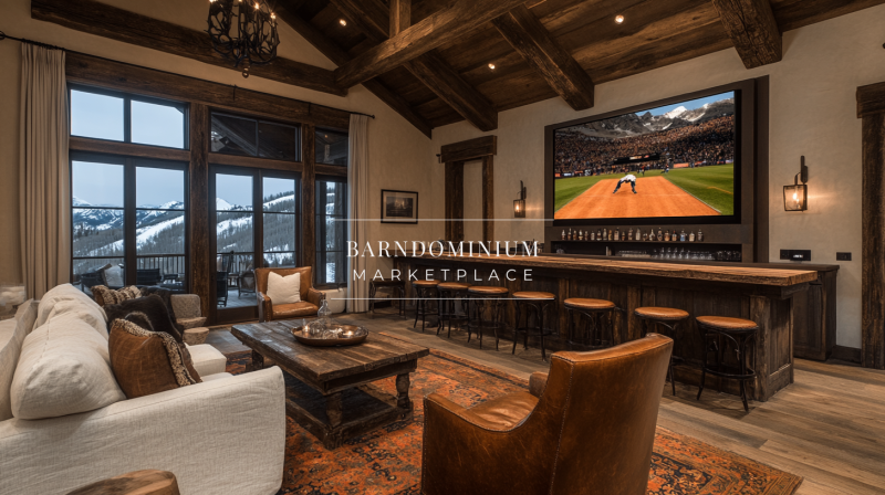 A luxurious barndominium entertainment room featuring a full bar, cozy seating, and a massive TV screen with a breathtaking mountain view.