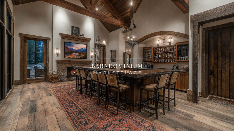 A luxurious barndominium interior featuring a rustic home bar with high ceilings, exposed beams, and warm lighting for a cozy yet elegant ambiance.