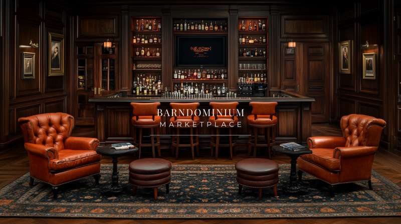 A luxurious barndominium interior with a sophisticated home bar, rich wood paneling, and plush leather seating, creating the perfect space for entertaining.