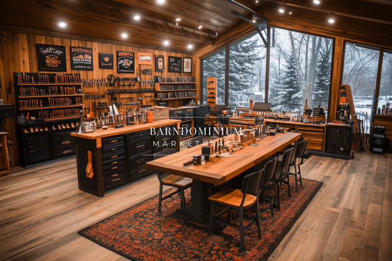 A beautifully designed barndominium interior featuring warm wood accents, expansive windows, and a rustic yet modern workspace.