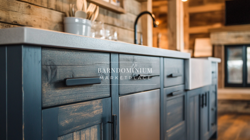A beautifully designed barndominium kitchen featuring rustic blue cabinetry, modern farmhouse accents, and a stylish farmhouse sink.