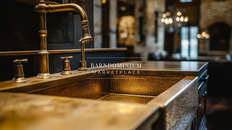 A stunning hammered copper farmhouse sink adds warmth and elegance to this luxury barndominium kitchen.