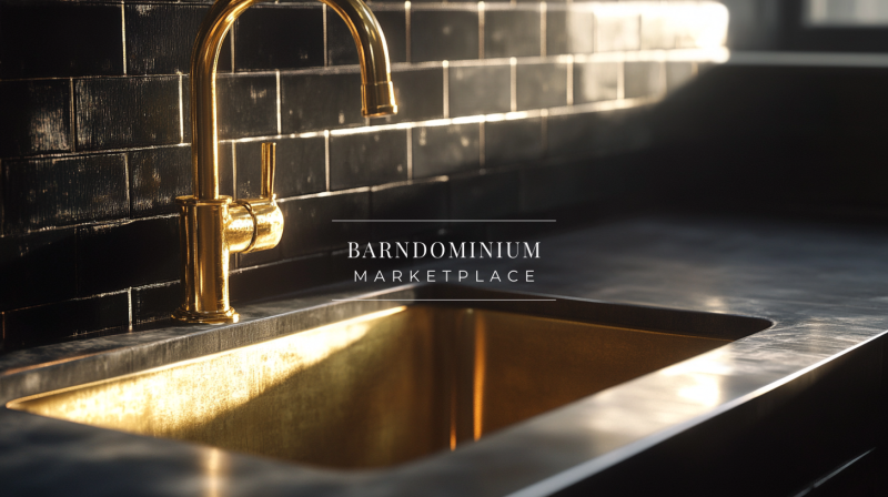A bold black and gold farmhouse sink design brings modern elegance to this barndominium kitchen.