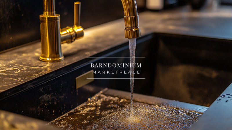 A luxurious black and gold farmhouse sink adds a touch of elegance to this modern barndominium kitchen.