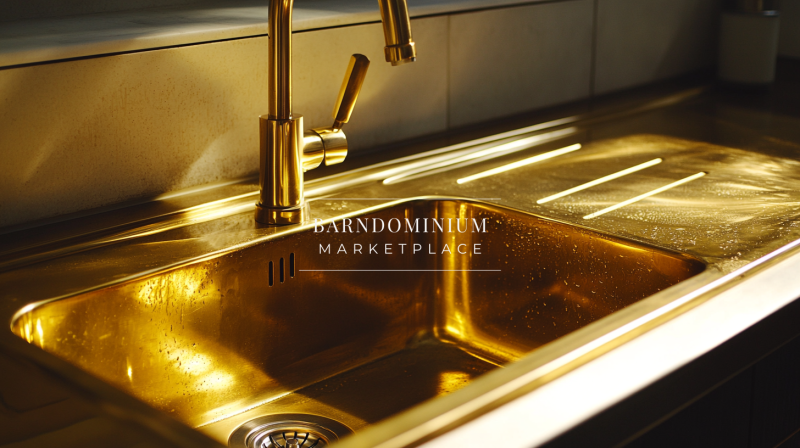 A stunning gold farmhouse sink reflecting warm light, adding a touch of luxury to a modern barndominium kitchen.