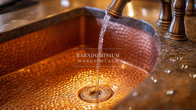A stunning hammered copper farmhouse sink with running water, adding rustic charm and warmth to a barndominium kitchen.