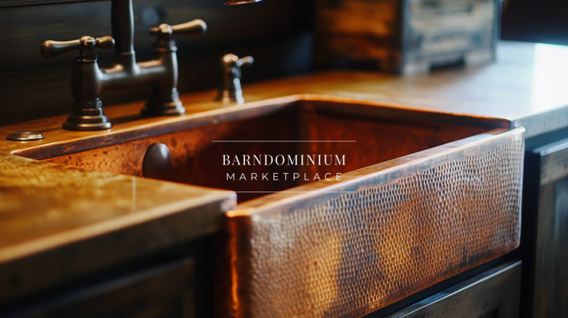 A handcrafted hammered copper farmhouse sink enhances the rustic elegance of this barndominium kitchen.