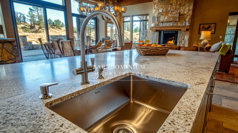 A spacious barndominium kitchen featuring a granite island with a stainless steel sink, seamlessly flowing into a cozy living area with a stone fireplace.
