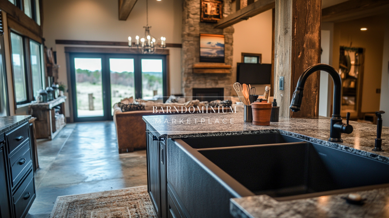 A modern barndominium kitchen featuring a black farmhouse sink, granite countertops, and an open-concept layout that flows into a cozy living area with a stone fireplace.