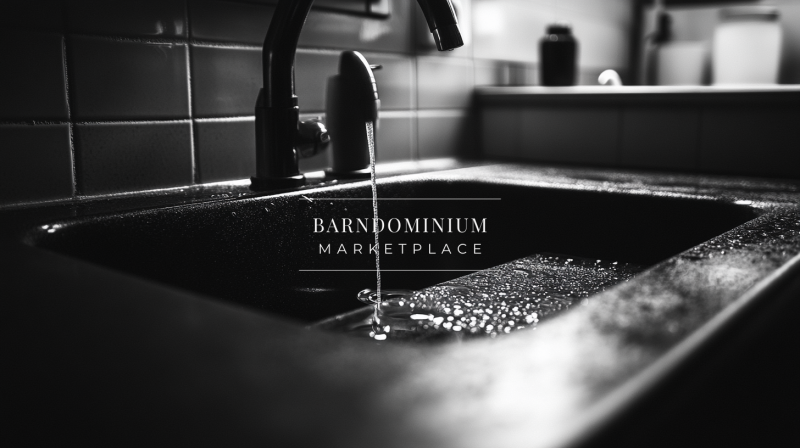 A moody, monochrome barndominium kitchen featuring a sleek black sink and minimalist tile backsplash, perfect for modern rustic design inspiration.