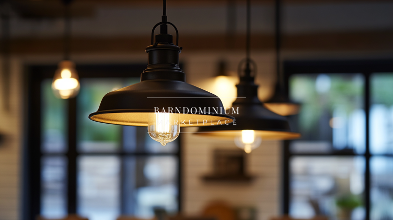 Farmhouse pendant lights with exposed Edison bulbs, bringing a warm and inviting glow to this barndominium kitchen.