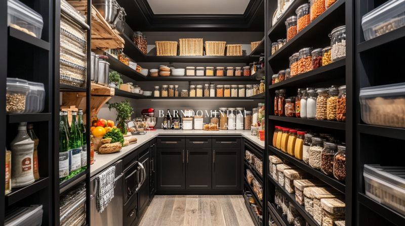 A luxurious walk-in barndominium pantry featuring black cabinetry, open shelving, and neatly organized jars and baskets for maximum storage and style.
