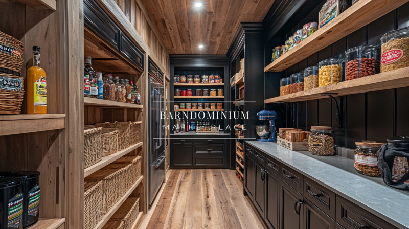 A spacious barndominium pantry showcasing black cabinetry, open wooden shelving, and neatly organized baskets and jars, combining rustic warmth with modern functionality.
