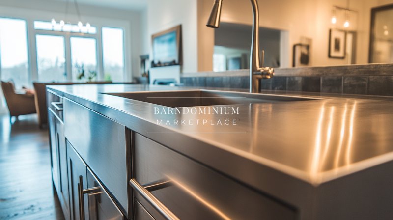 Barndominium Kitchen Ideas | Sleek Stainless Steel Island Inspiration