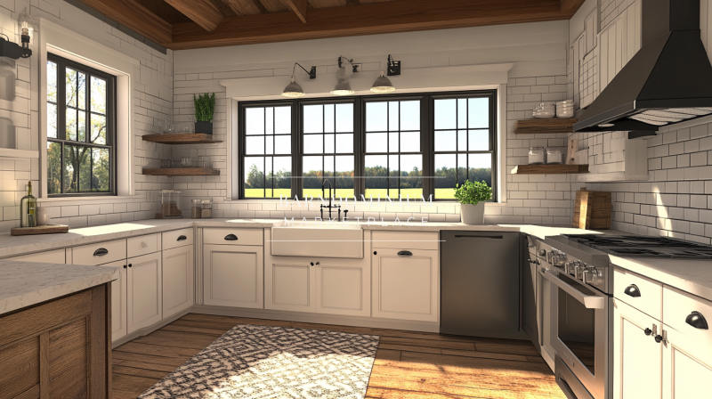 Stunning Farmhouse Barndominium Kitchen with Large Windows and White Cabinetry