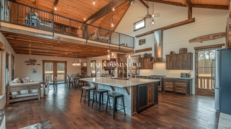 Expansive Barndominium Kitchen with Vaulted Ceilings and Open Loft