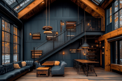Modern rustic barndominium lounge with dark-paneled walls, industrial lighting, and warm wood accents.
