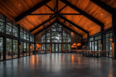 Spacious barndominium event hall with vaulted wooden ceilings and floor-to-ceiling windows.