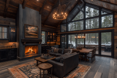 Rustic luxury barndominium with dark wood accents and a cozy fireplace.