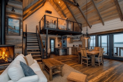Modern rustic barndominium with a cozy loft and stunning lake views.