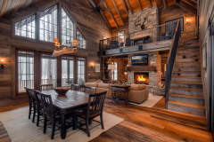 Rustic barndominium with a warm, inviting atmosphere and a stone fireplace.