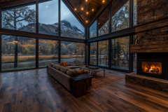 Stunning barndominium living room with panoramic mountain views.