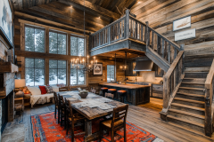 Rustic barndominium interior with a loft, open kitchen, and cozy dining area.