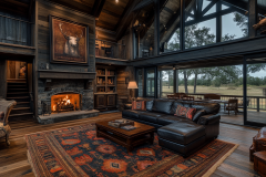 Rustic luxury barndominium living room with vaulted ceilings and a cozy fireplace.