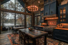 Rustic barndominium kitchen with floor-to-ceiling windows overlooking a serene lake.