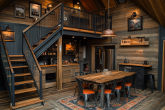 Industrial-rustic barndominium interior with a cozy dining area, loft space, and warm wood accents.