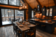 Warm and rustic barndominium kitchen and dining space featuring wood accents, industrial lighting, and a cozy winter cabin atmosphere.