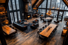 Grand barndominium great room with soaring ceilings, floor-to-ceiling windows, a stone fireplace, and rustic-modern furnishings for a cozy mountain retreat.