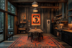 Rustic barndominium dining area with warm wooden tones, industrial lighting, open shelving, and a bold Southwestern rug for a cozy, inviting atmosphere.