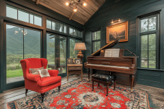 Elegant barndominium music room with floor-to-ceiling windows, a grand piano, and vintage decor featuring a cozy red armchair and a vibrant Persian rug.