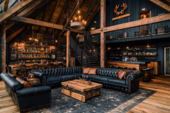Luxurious rustic barndominium interior with rich wood beams, leather Chesterfield sofas, and an open-concept bar and dining area.