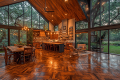 Stunning open-concept barndominium with floor-to-ceiling windows, warm wood finishes, and a spacious kitchen overlooking lush greenery.