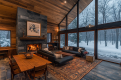 Modern-rustic barndominium living space with a stunning floor-to-ceiling window view of a snowy landscape, a cozy fireplace, and warm wood accents.